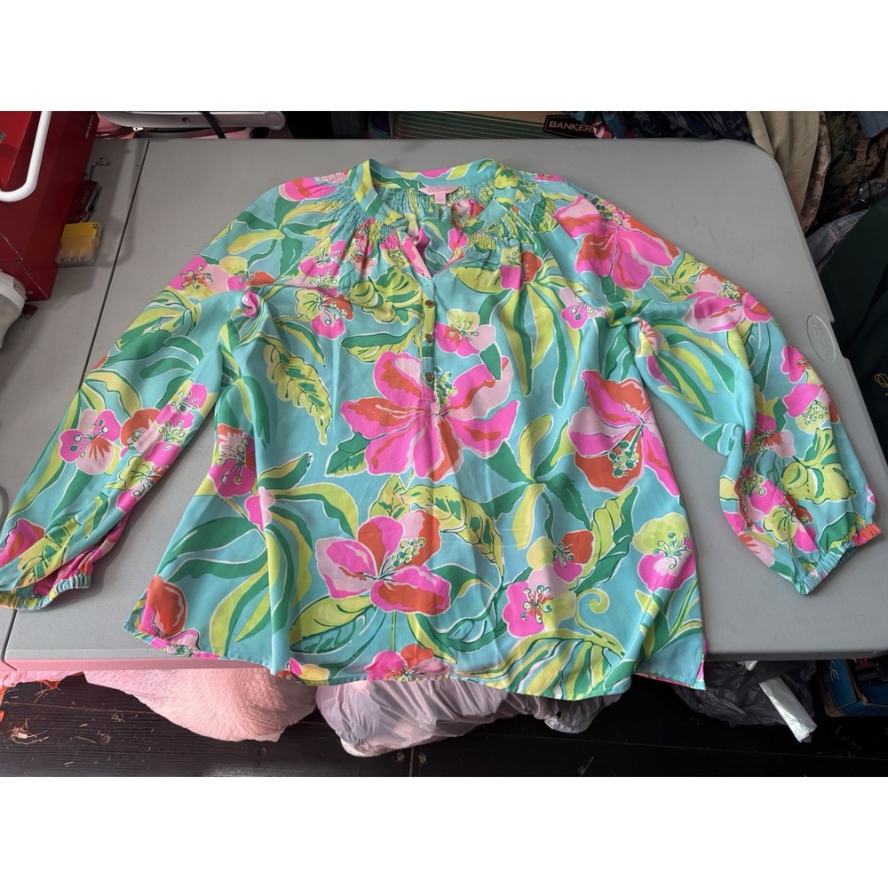 Lilly Pulitzer Elsa Top L Pink Green Floral 100% Silk Blouse Long Sleeve Cruise